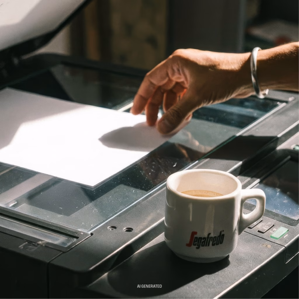 Kaffeetasse auf Kopierer, Eine Hand legt ein Papier in den Kopierer
