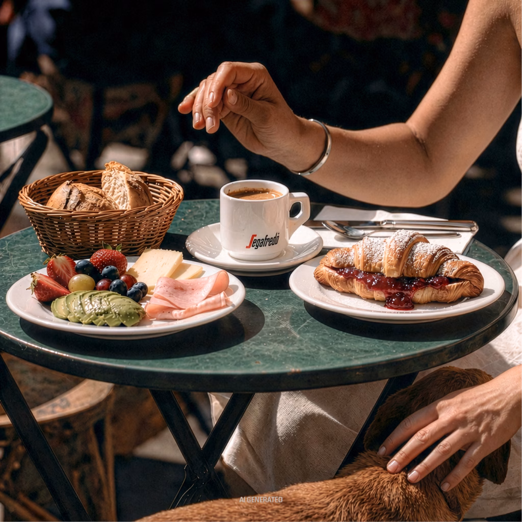Gedeckter Tisch mit Kaffee, Geb&auml;ck, Teller mit Wurst, K&auml;se und Obst