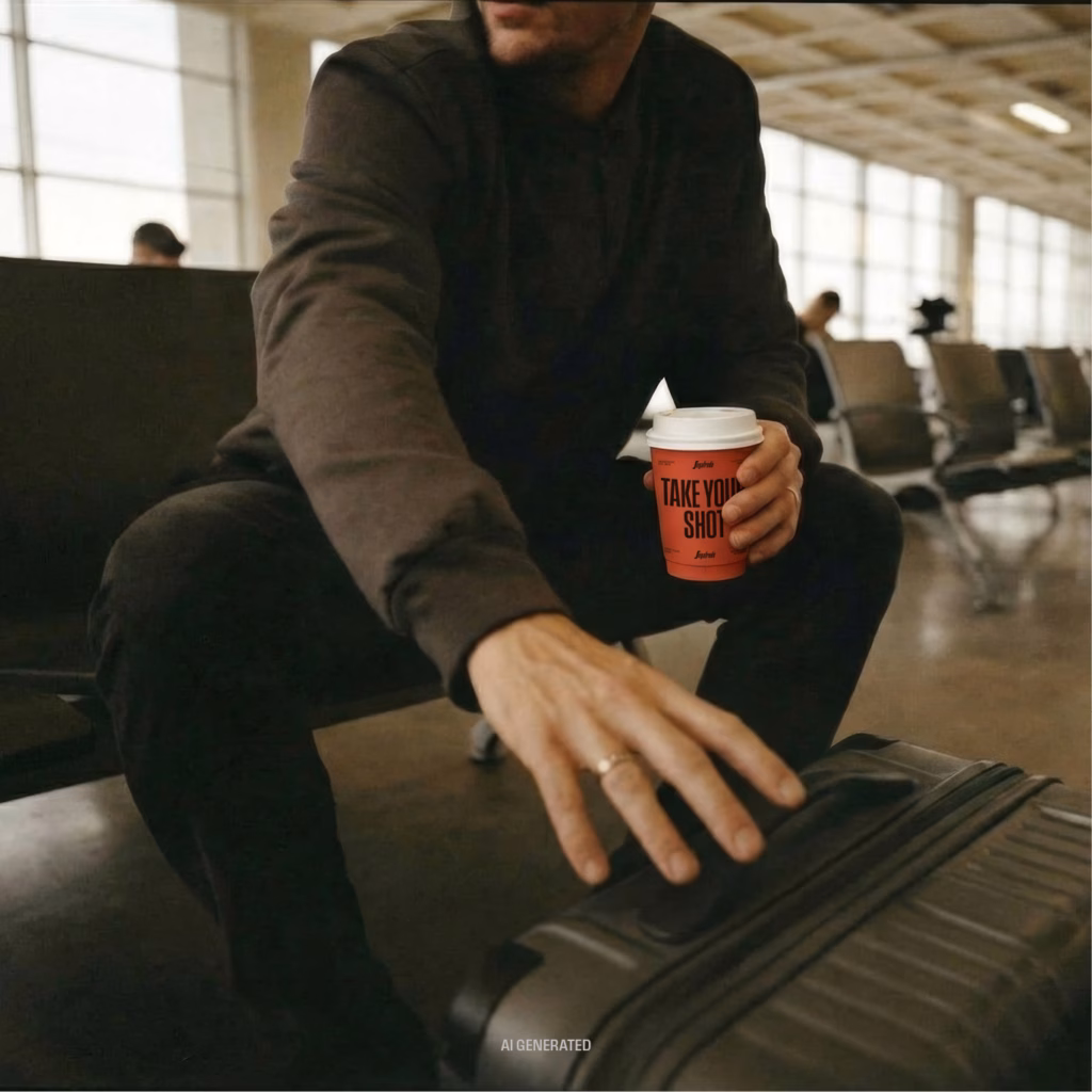 Mann mit To Go Becher und Koffer, der am Flughafen im Wartebereich sitzt