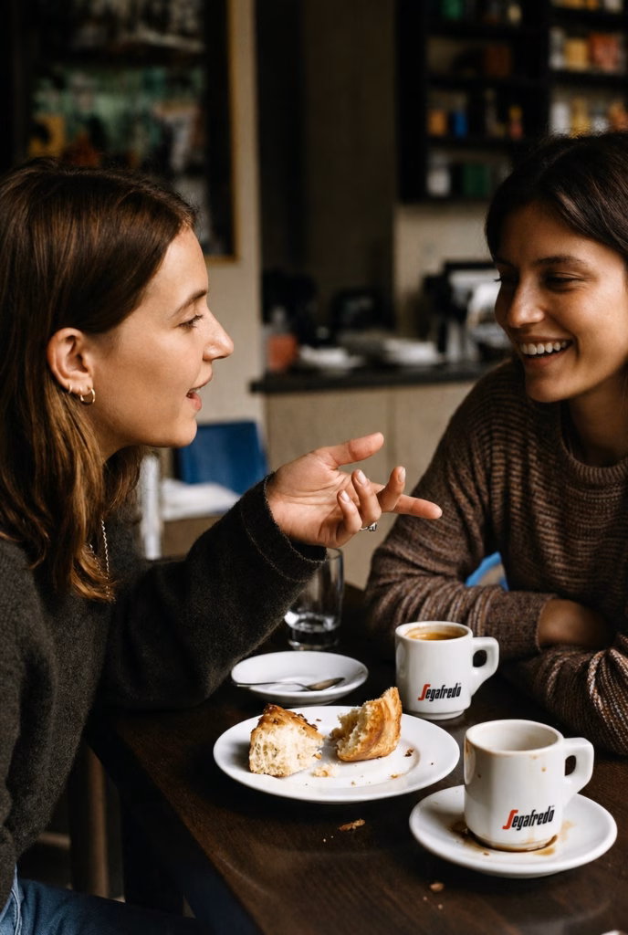 2 Frauen im Gespr&auml;ch, Kaffeetassen und Teller mit Geb&auml;ck auf dem Tisch